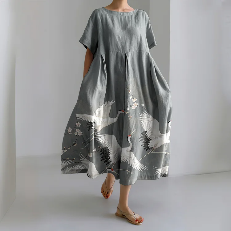Women’s Crane Print Crew Neck Short Sleeves Midi Dress socialshop