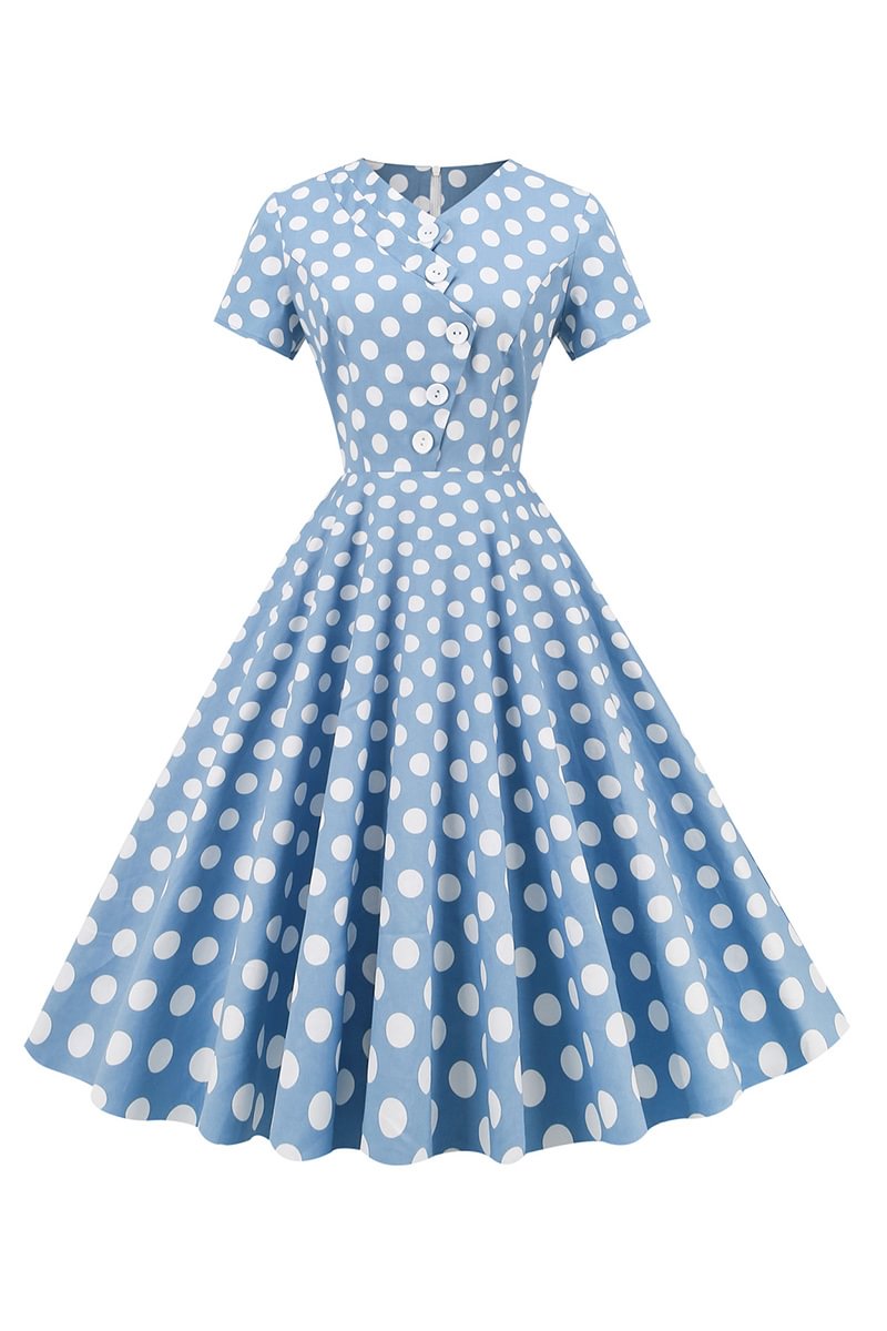 1950s Light Blue Bohemia Retro Polka Dot V Neck Elegant Midi Dress