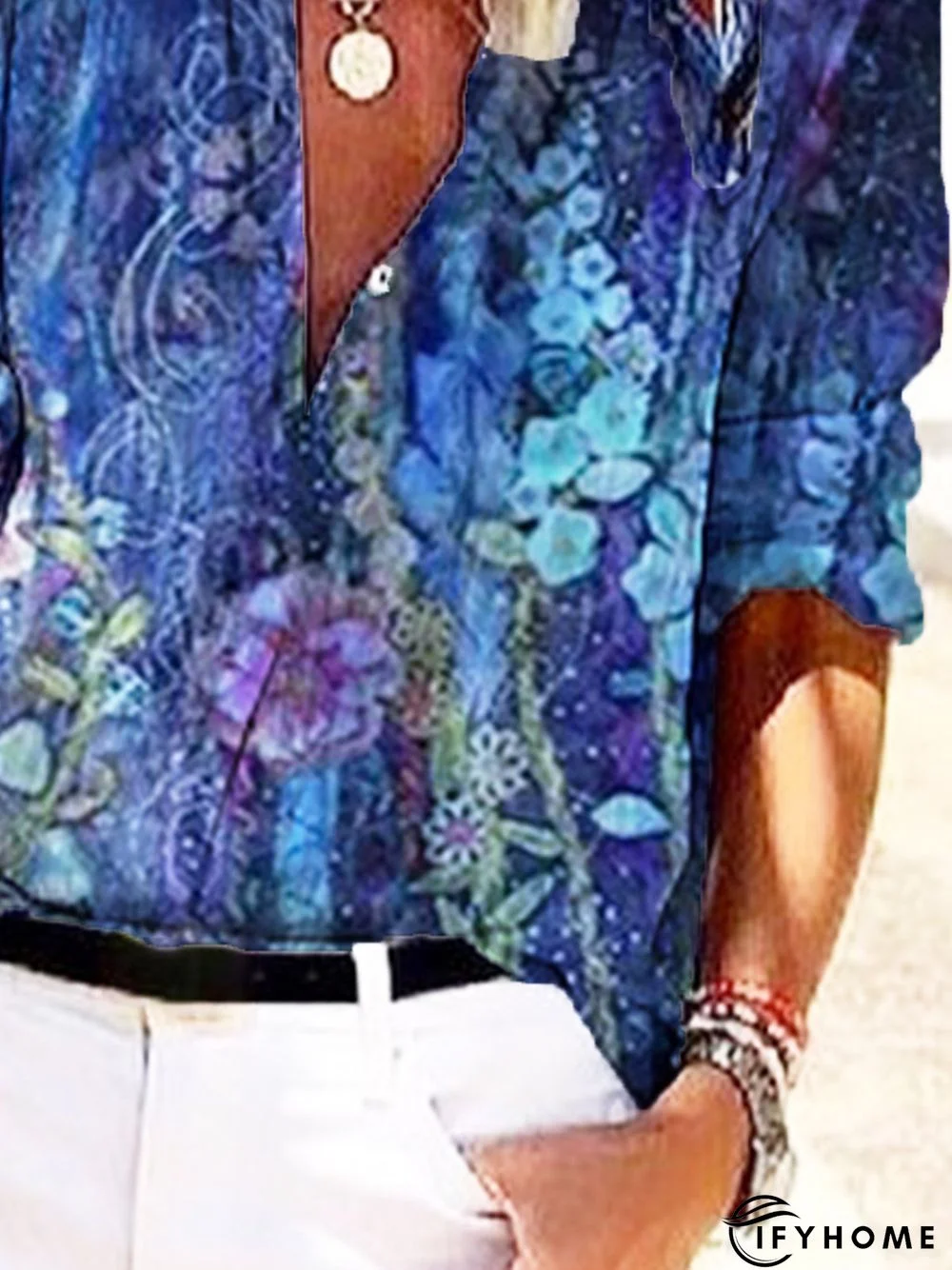 Vintage 3/4 Sleeve Floral Printed V Neck Casual Top | IFYHOME