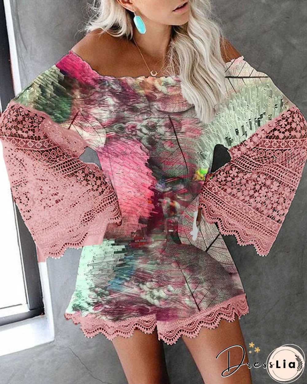 Long-Sleeve Off-Shoulder Printed Lace Loose Mini Dress S-5XL