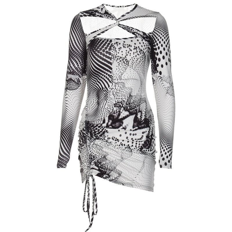 wsevypo Long Sleeve Twist Cutout Bodycon Dress Vintage Dots Print Hollowed Drawstring Ruched Wrapped Club Party Dress for Women