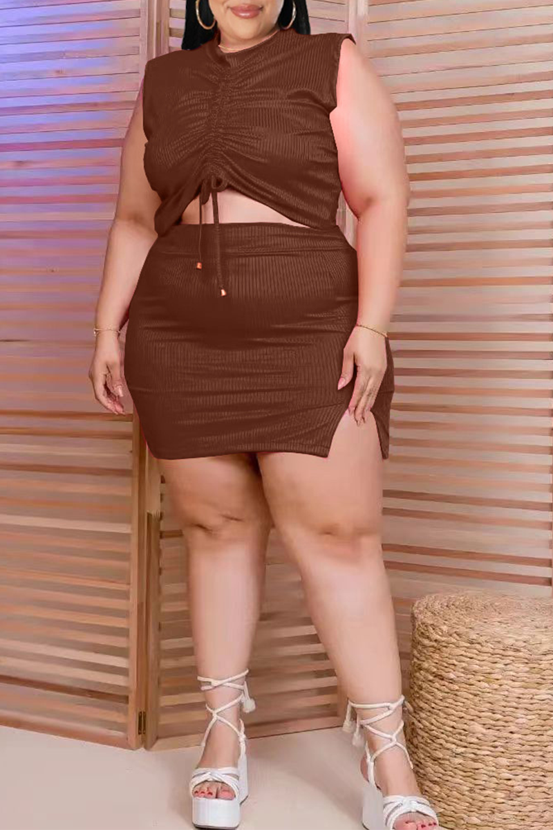 Black Sexy Solid Draw String V Neck Plus Size Two Pieces