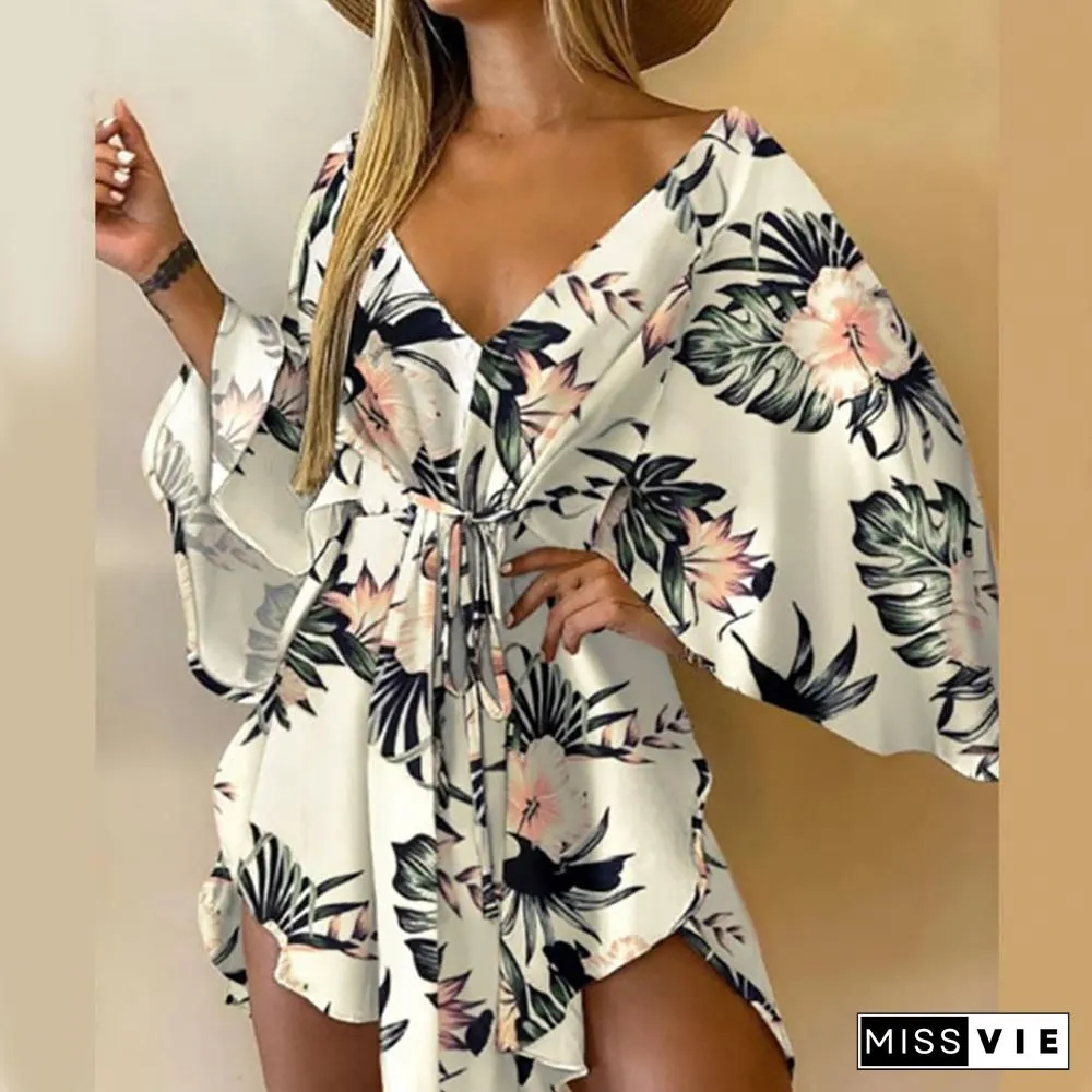 V-Neck Leaf Print Party Women Elegant Lace-Up Waist Casual Irregular Beach dress sexy