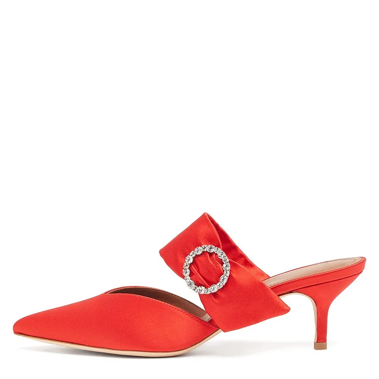 Red Satin Buckle Kitten Heels Mules Shoes |FSJ Shoes