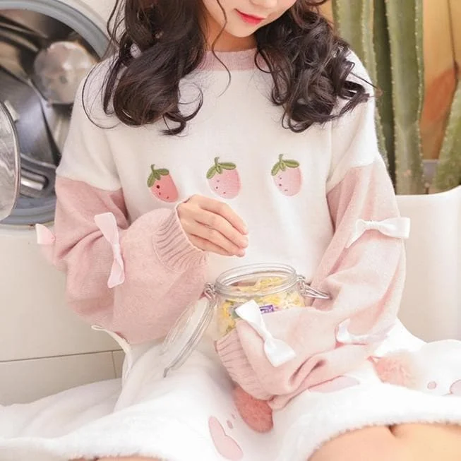 Pink Pastel Strawberry Bow Sweater S13075R