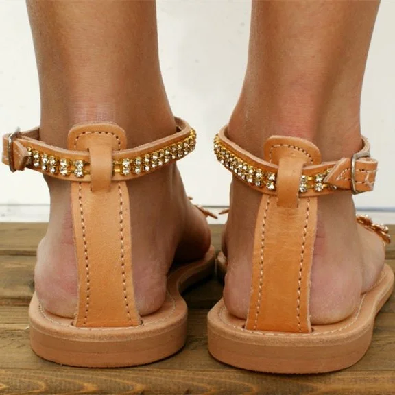 transparent Rhinestone Bow Sandals Square Toe Shoes Metal Ankle Strap  Flats