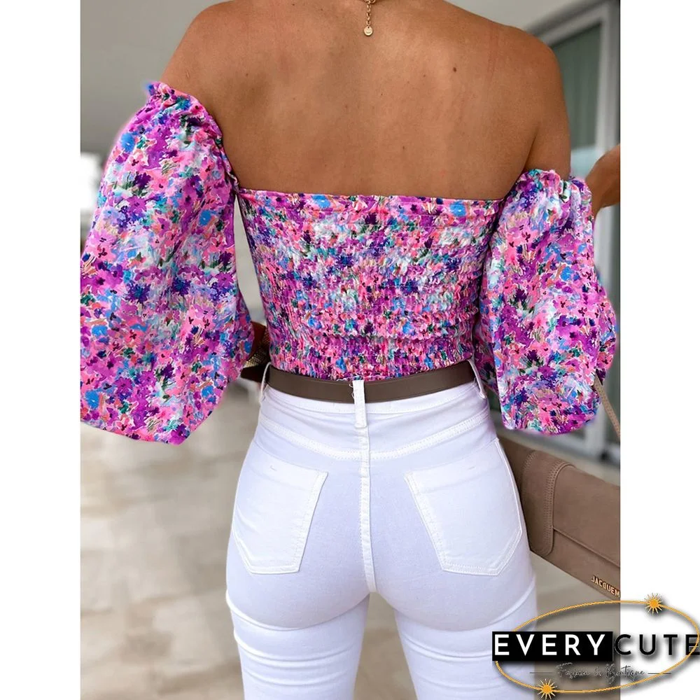 Light Purple Floral Print Off Shoulder Puff Sleeves Tops