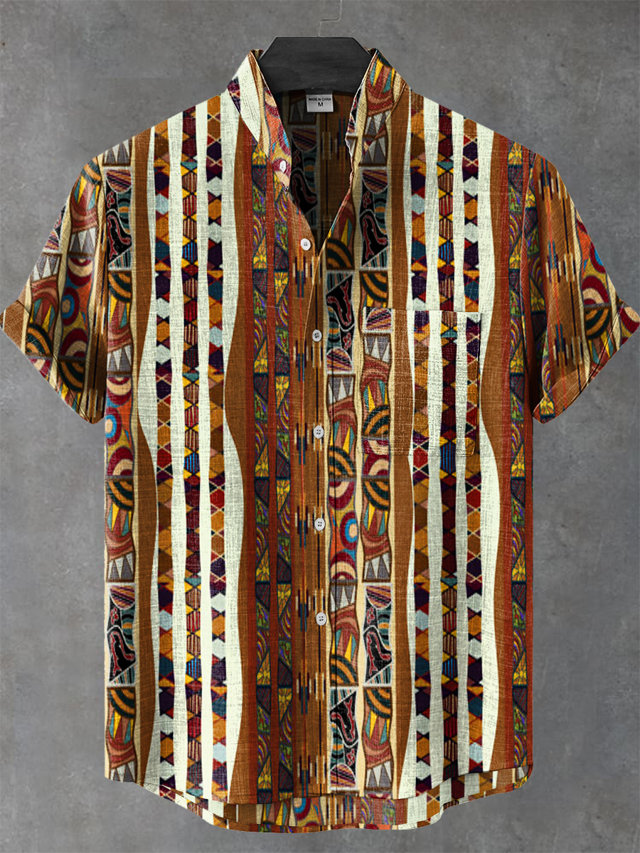 Tribal Ethnic Stripes Art Print Casual 100% Cotton Shirt