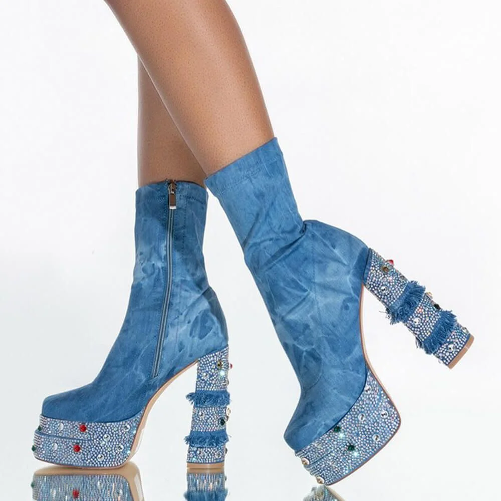 Blue Suede Round Toe Chunky Heel Denim Boots with Platform Nicepairs