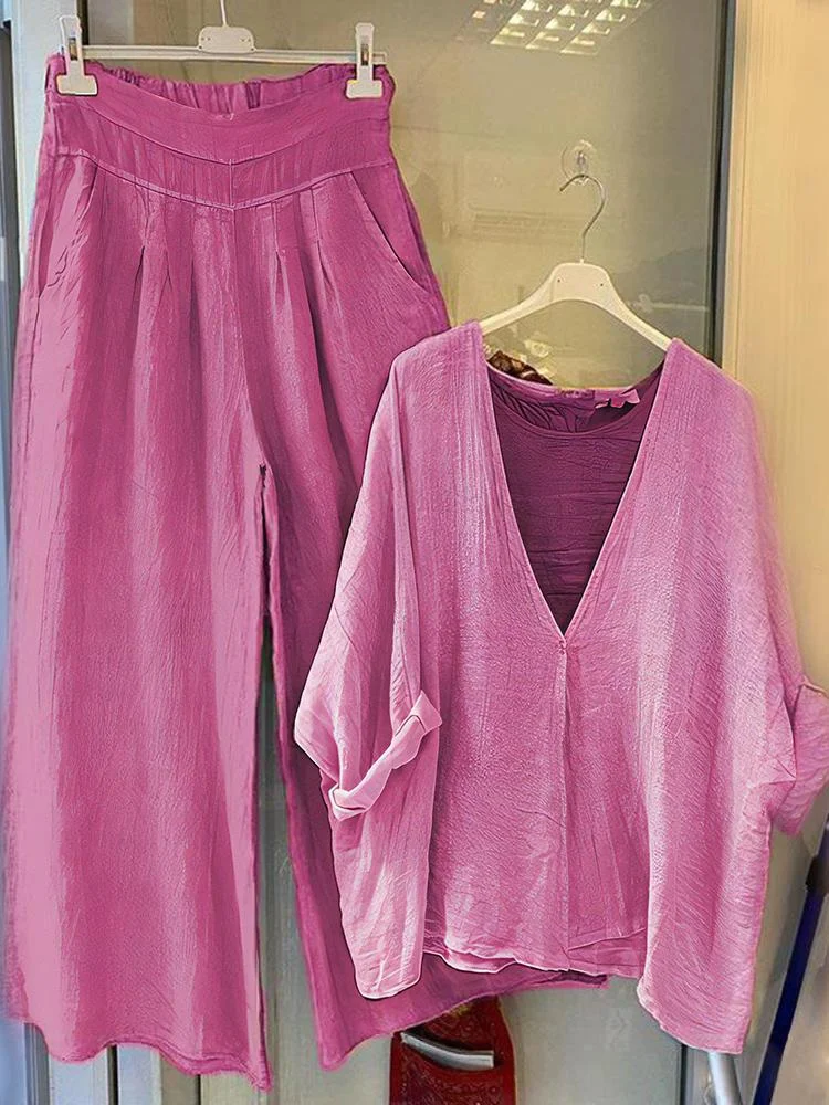 V Neck Top And Solid Color Trousers Set
