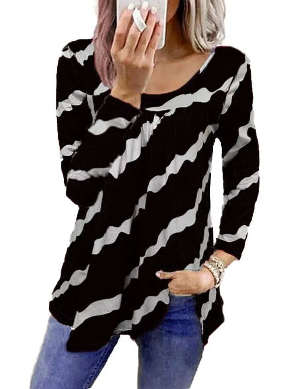 Women Long Sleeve Scoop Neck Striped Stitching Top