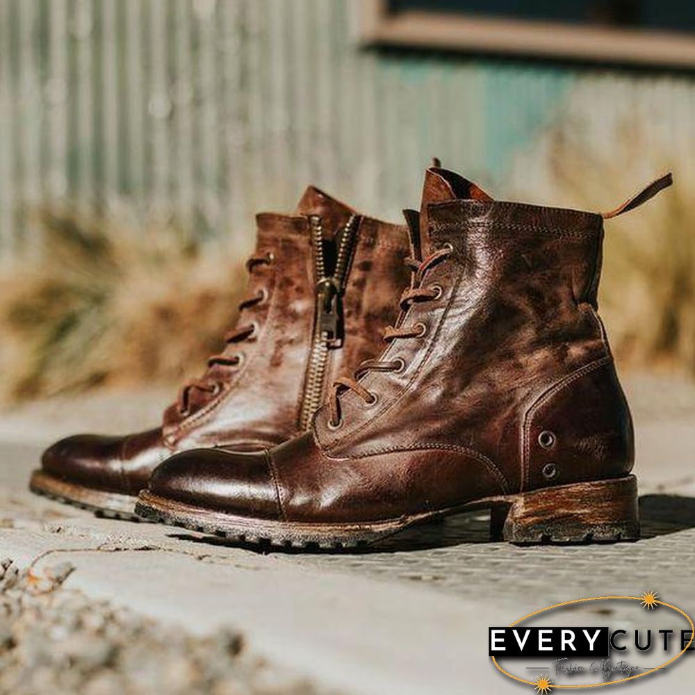 Vintage Genuine Leather Lace Up Boots