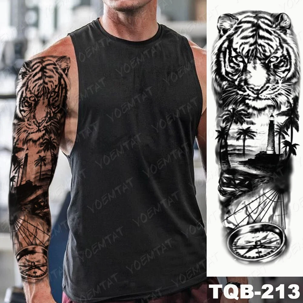 Sdrawing Arm Sleeve Tattoo Tiger Palm Lighthouse Waterproof Temporary Tatto Sticker Compass Beach Body Art Full Fake Tatoo Men