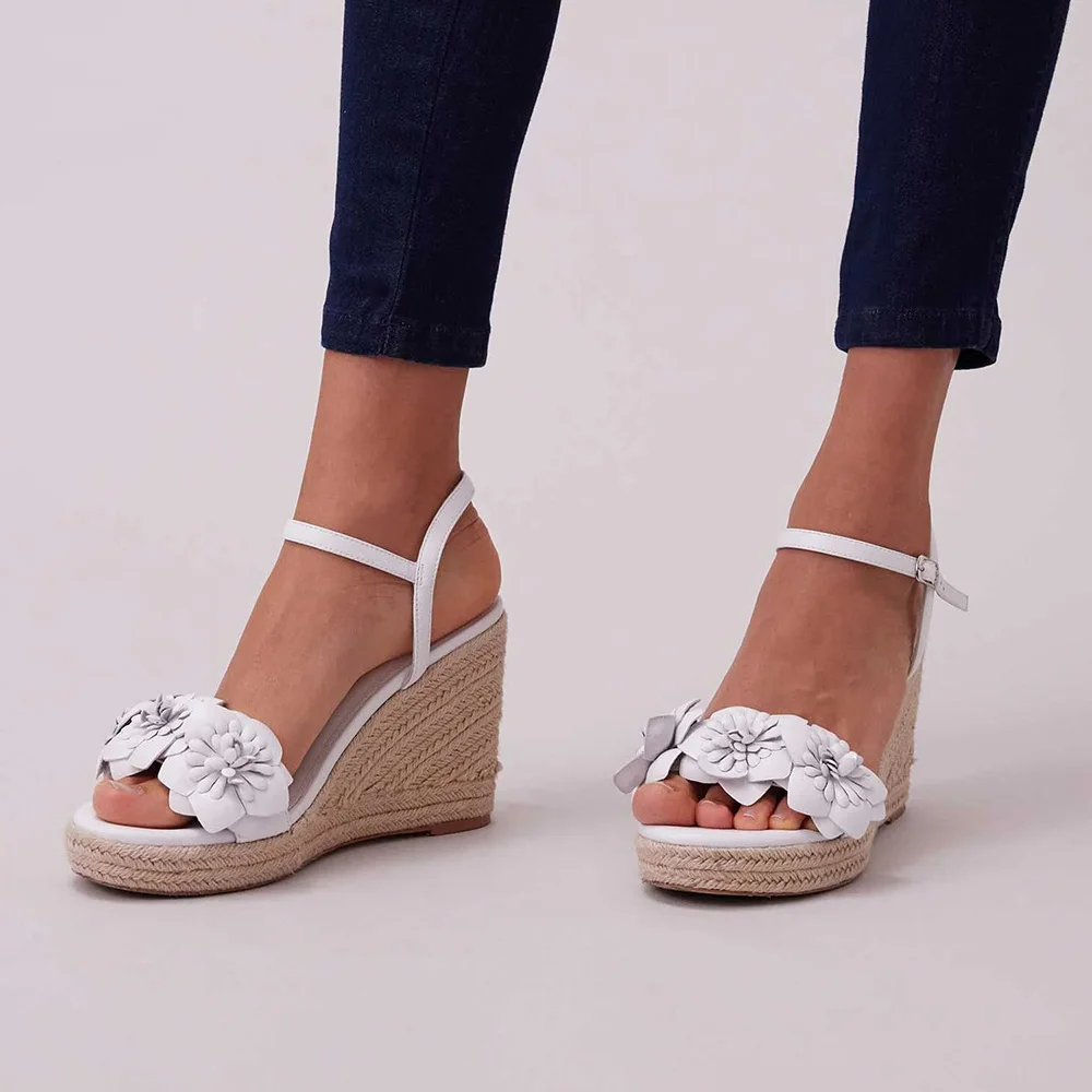 White Ankle Strap Open Toe Flower Decor Espadrille Wedge Sandals