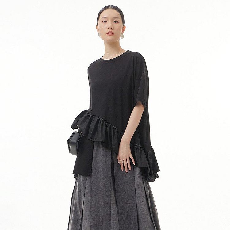 Loose O-neck Ruffles Patchwork Short Sleeve T-Shirt 