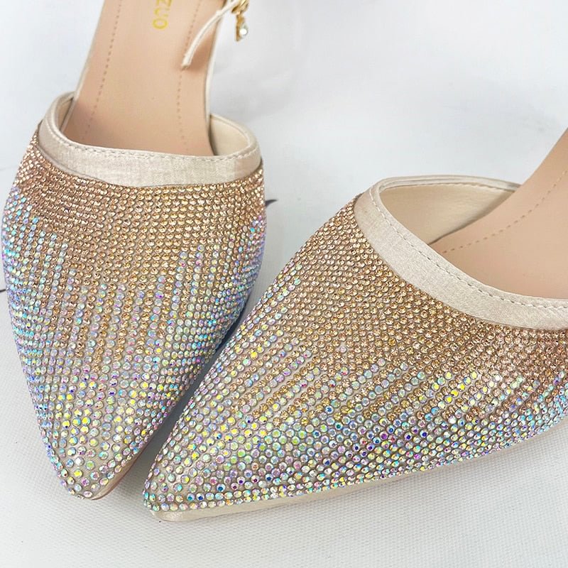 Shining Crystal Gold Pumps For Women 2022 Sexy Ankle Strap High Heels Shoes Woman Pointed Toe Rhinestone Wedding Party Shoes