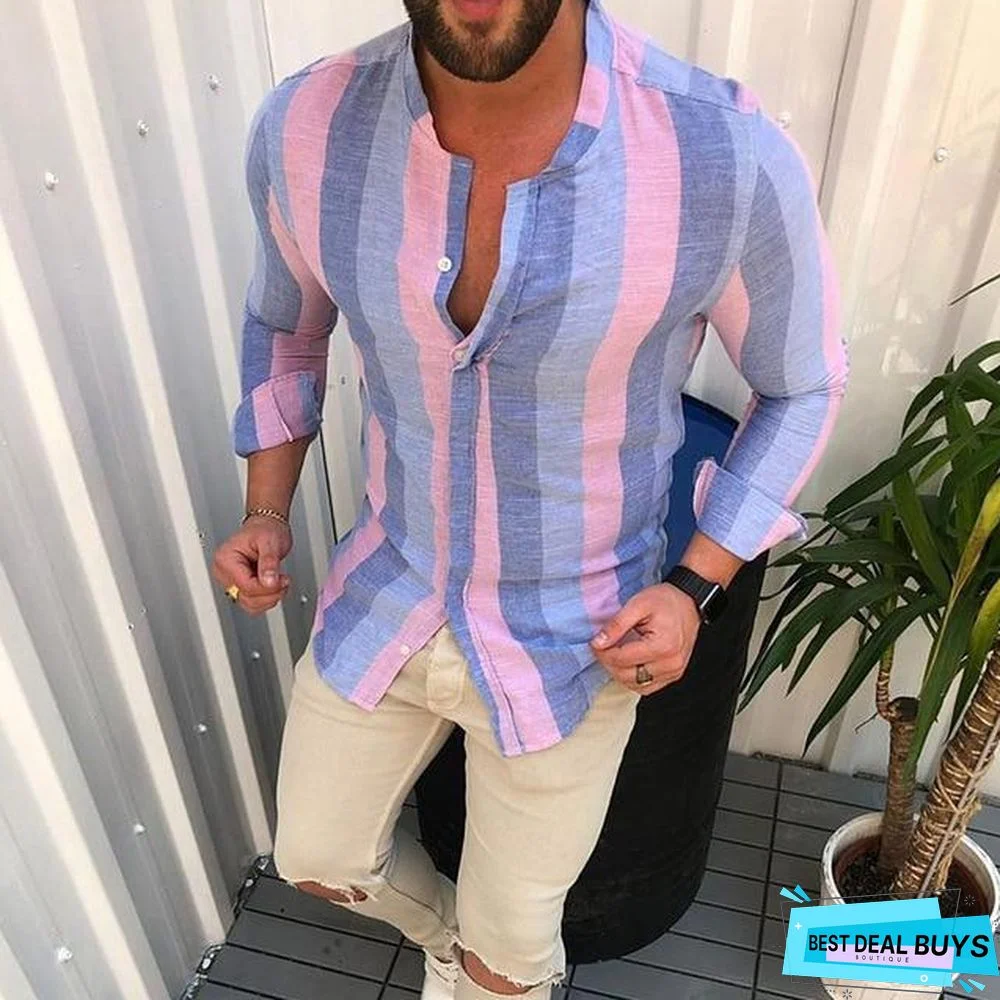 Men's Fashion Colorful Stripe Shirts Printed Casual Slim Fit Long Sleeve Square Collar Vacation Male Social Business Tops