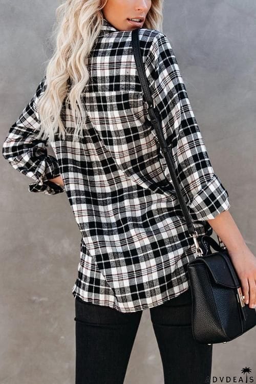 Plaid Lace Up Neck Blouse