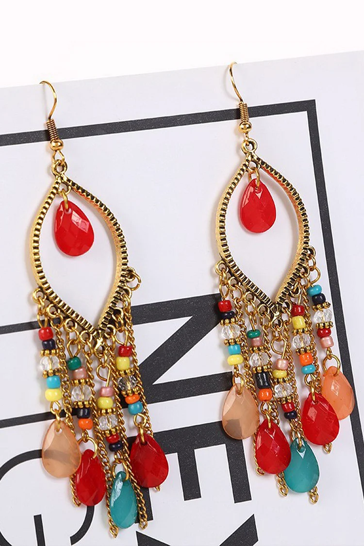 Retro Boho Openwork Frame Beaded Tassel Drop Earrings 2024 - Xpluswear