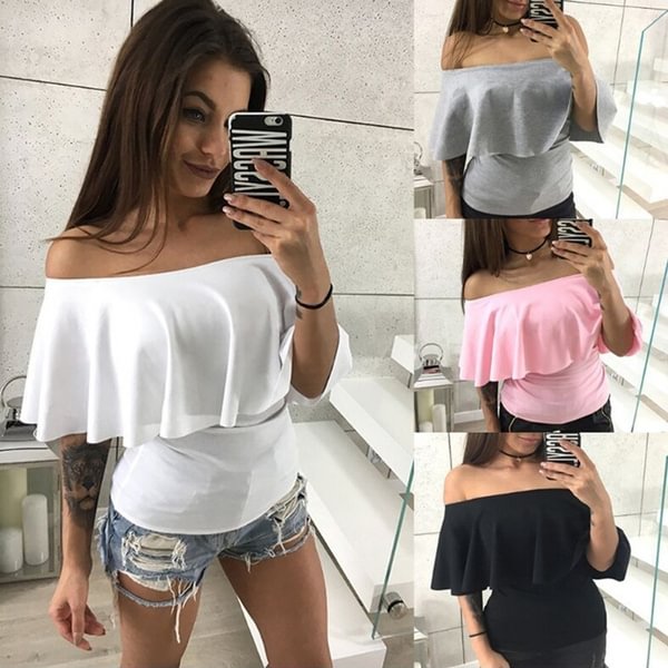 Sexy Women Off Shoulder Ruffled Sleeve Blouse Fashion Loose T-Shirt Tops - Shop Trendy Women's Fashion | TeeYours
