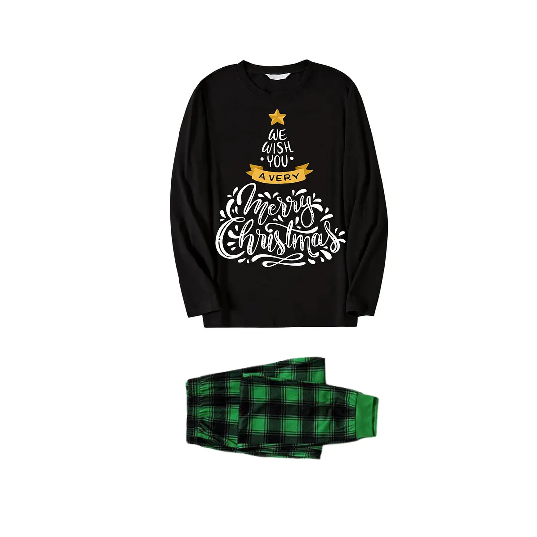 2024 Christmas Tree Pattern "We Wish You"Black Long Sleeves with Vintage Black and Green Plaid Pants Family Matching Pajamas