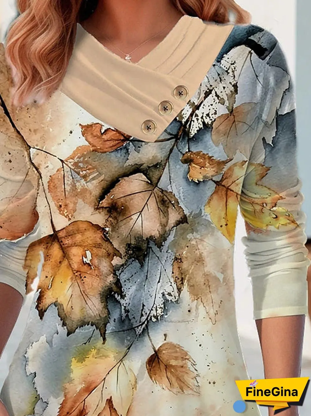 Women Long Sleeve V-neck Printed Graphic Colorblock Button Tops
