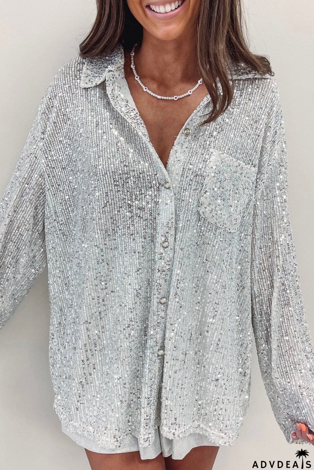 Silver Sequin Pocketed Loose Shirt
