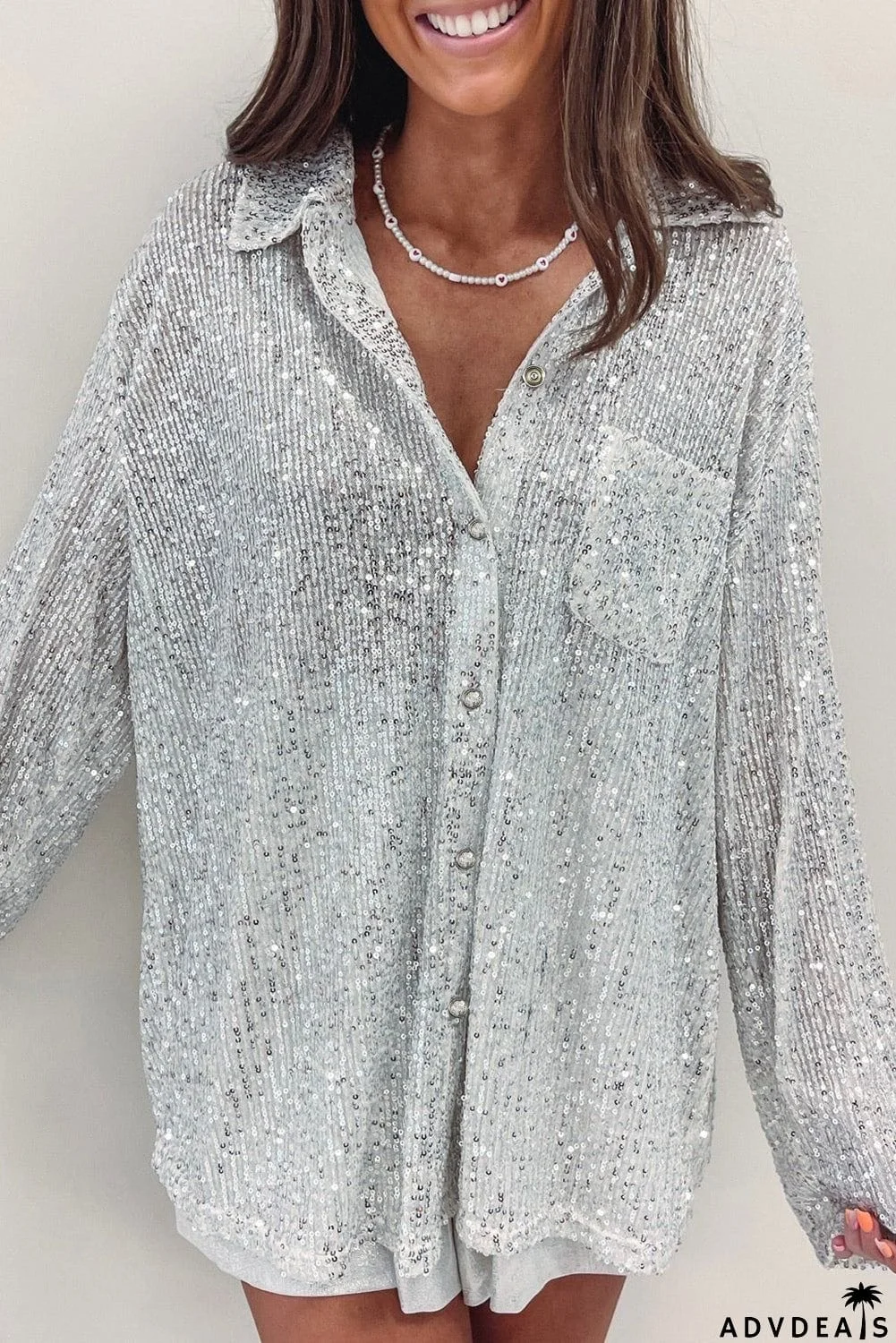 Silver Sequin Pocketed Loose Shirt