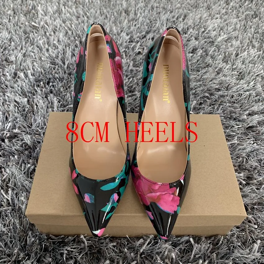 Fashion Women Shoes Stiletto 12cm/10cm/8cm High Heels Women Pumps Floral Print Patent Leather Ladies Party Wedding Woman Shoes