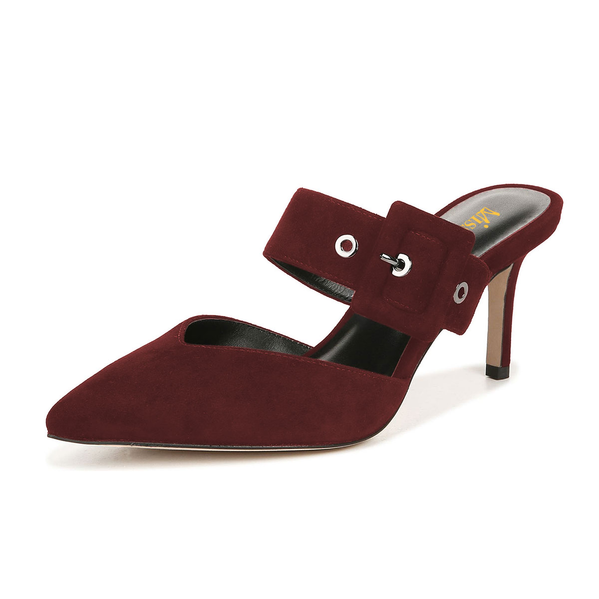 Maroon Buckle Strap Pointed Toe Stiletto Heel Mule Shoes for Women Nicepairs