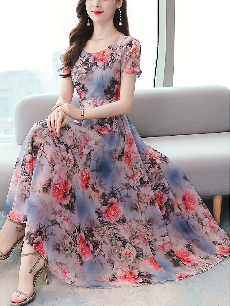 2025 Fashion Trend: Powder - Blue Floral Round - Neck Short - Sleeved Elegant And Stylish Mid - Length Dress