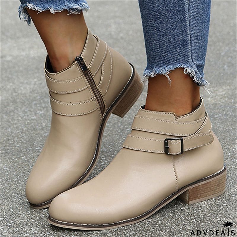 British Style Side Zipper Chunky Heels Metal Buckle Ankle Boots