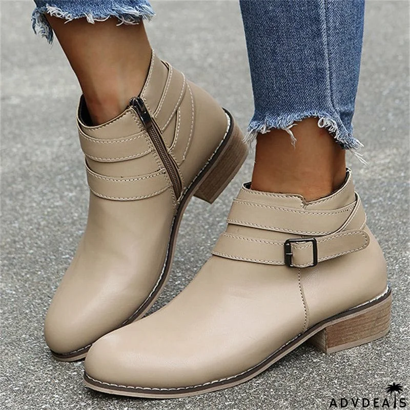 British Style Side Zipper Chunky Heels Metal Buckle Ankle Boots