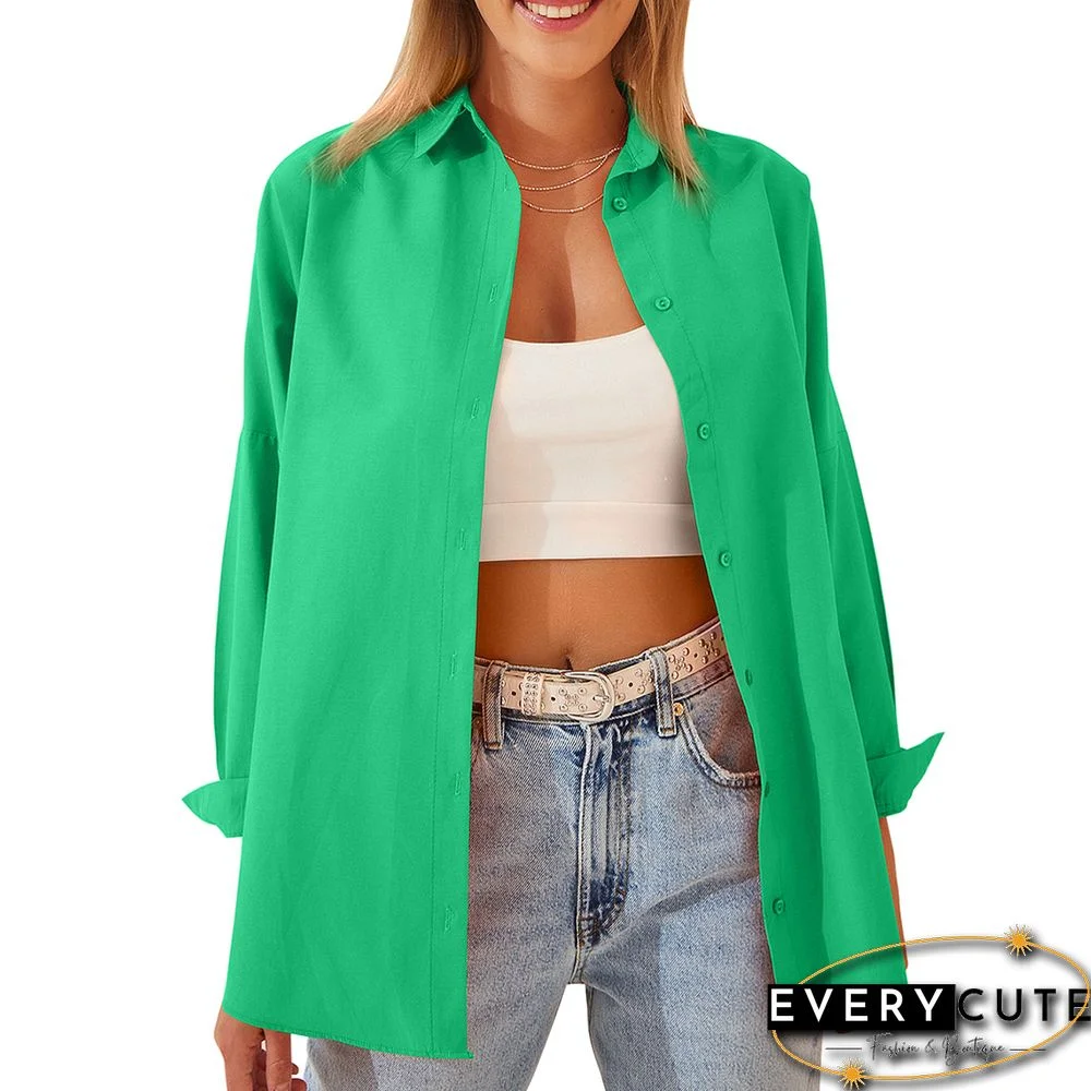 Green Solid Cotton Button Long Sleeve Shirt