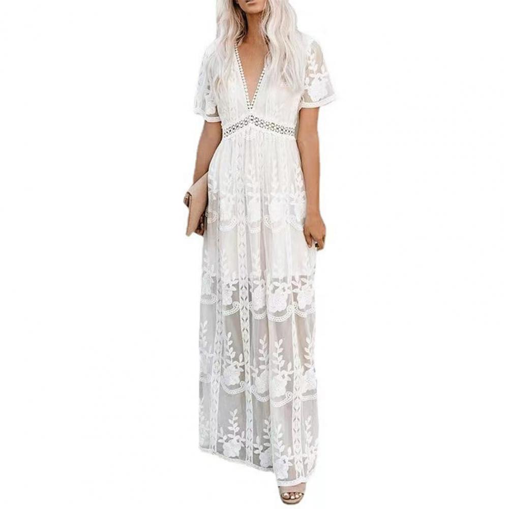 Boho Loose Embroidered White Lace Tunic Solid Maxi Dress