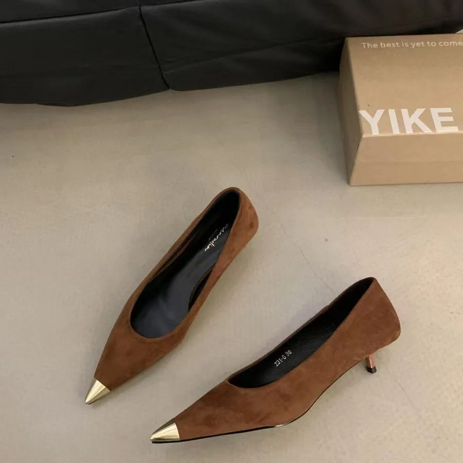 Breakj Breakj 2025 New Retro Leopard-Print Metal Shallow Mouth Single Shoes French Temperament Velvet Head Tip Fine Heel High Heels