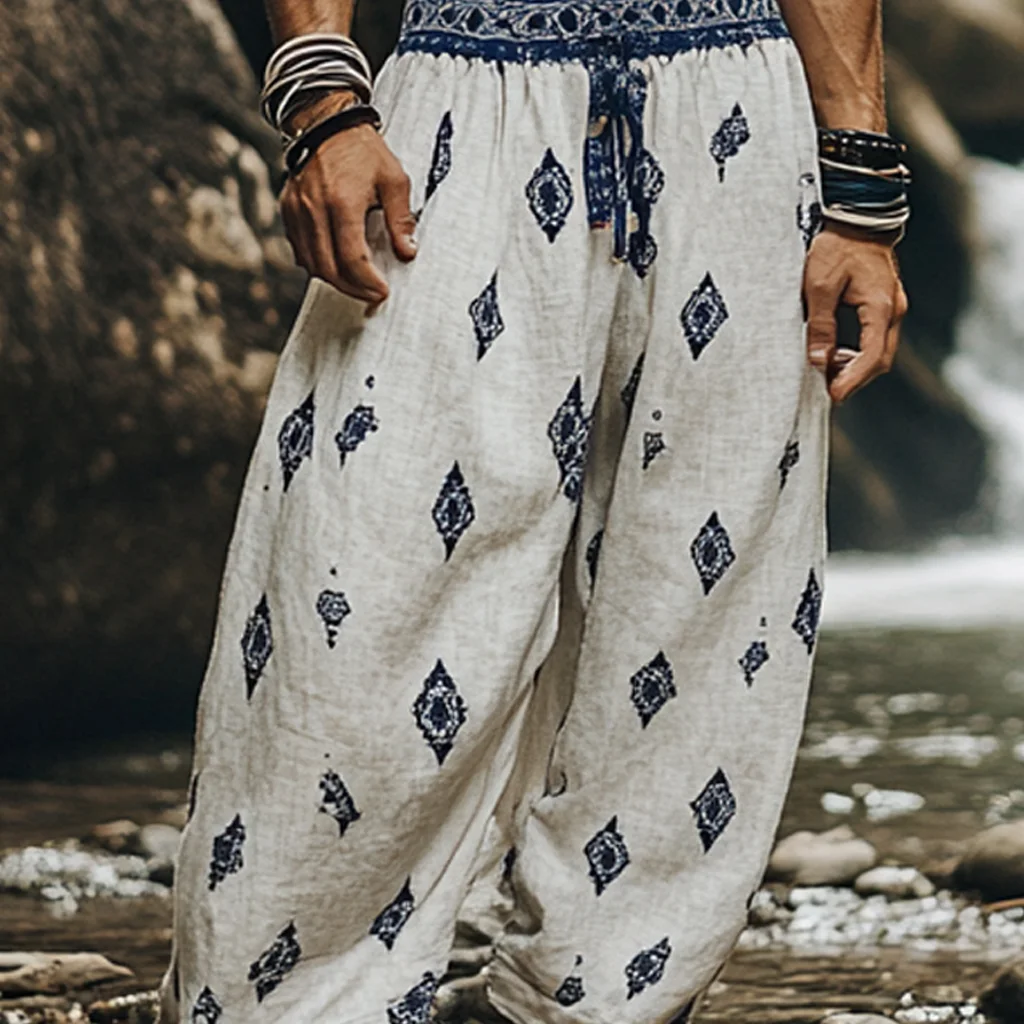 Men's Bohemian Holiday Style Vintage Ethnic Totem Print Simple Casual Pants-inspireuse
