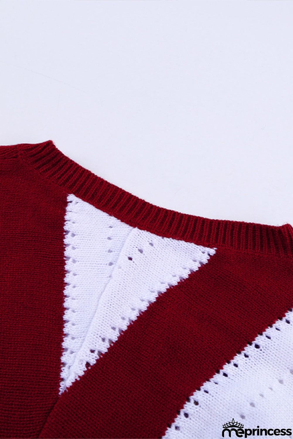 Casual Red Striped Colorblock V Neck Knitted Sweater