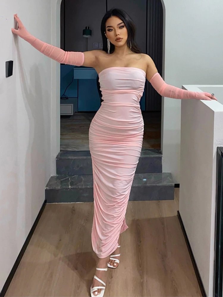 Uveng Elegant Ruched Off-shoulder Split Gown Maxi Dress Women Summer Mesh Gloves Draped Sexy Bodycon Dresses Vestido Clothes