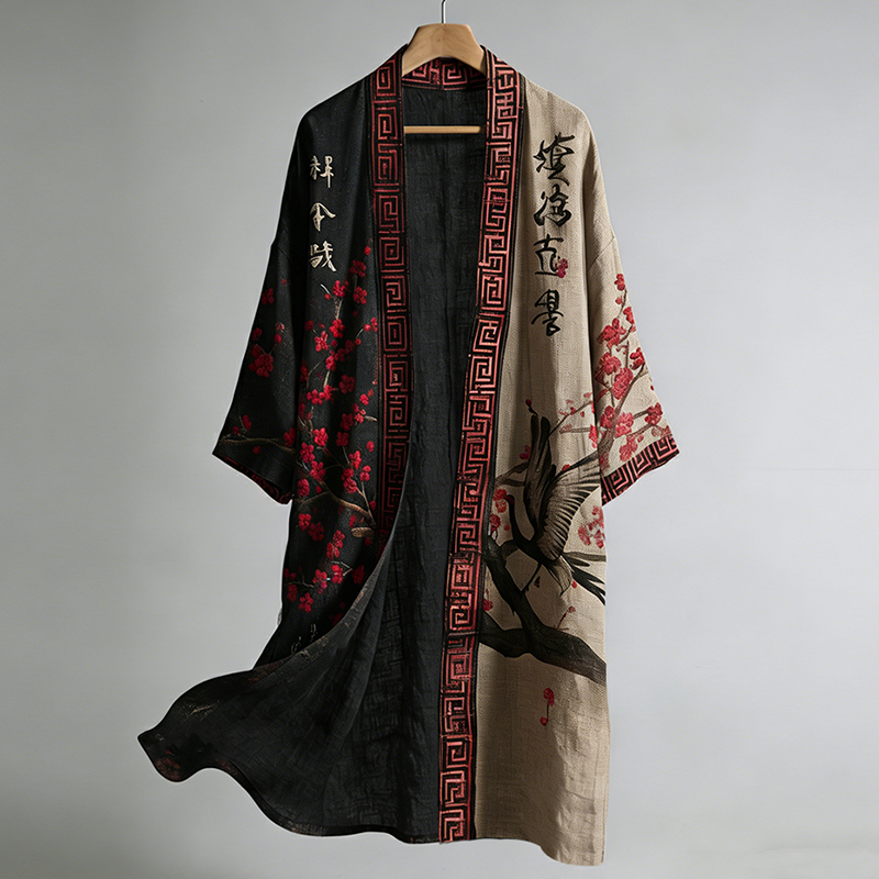 Retro Japanese Crane And Calligraphy/painting Pattern Linen Blend Kimono  artssus