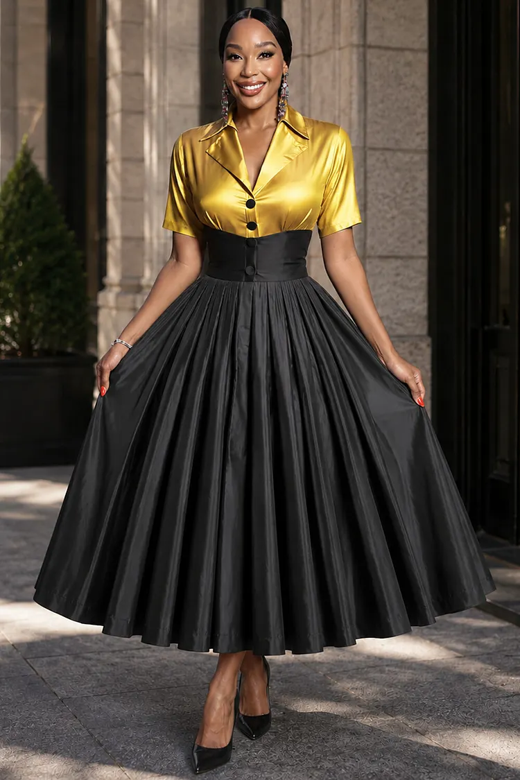 Xpluswear Design Plus Size Business Casual Elegant Gold Turndown Collar Short Sleeve Contrast Pleated Satin Midi Dresses [Pre-Order] 2024 - Xpluswear
