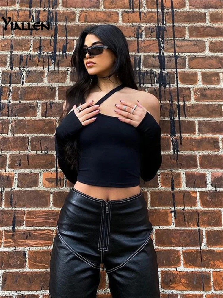 Yiallen Autumn Fashion Casual Slim Solid Removable Sleeves Halter T Shirt For Women New Streetwear Wild Basic Female Top Hot