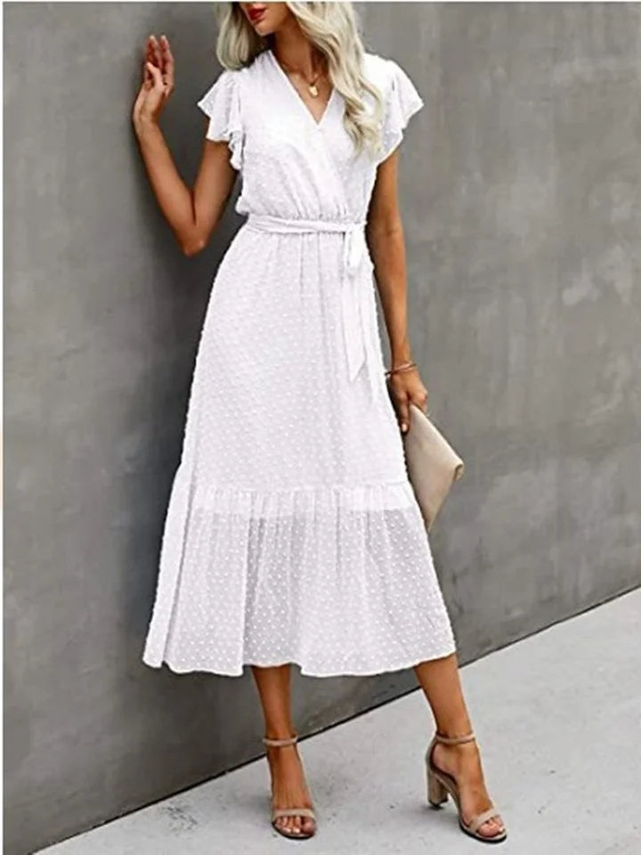V-Neck Pleated Sleeveless Belt Sundress White Dresses