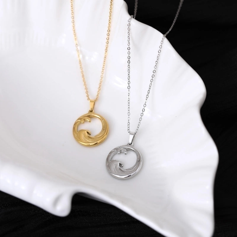 Casual Hawaiian Sea Wave 201 Stainless Steel 304 Stainless Steel 18K Gold Plated Hollow Out Pendant Necklace