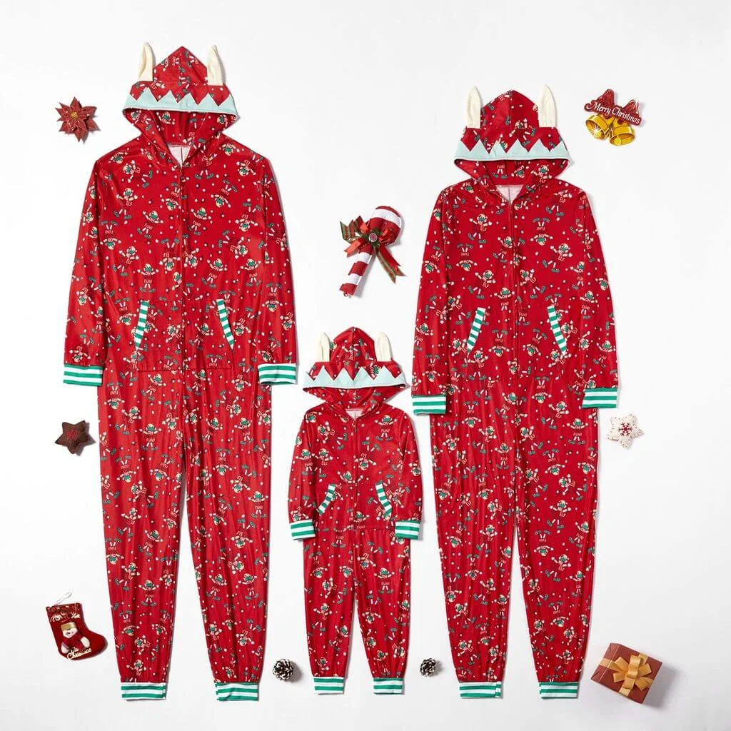 Christmas Elf Patterned Hooded Family Matching Onesie Pajamas