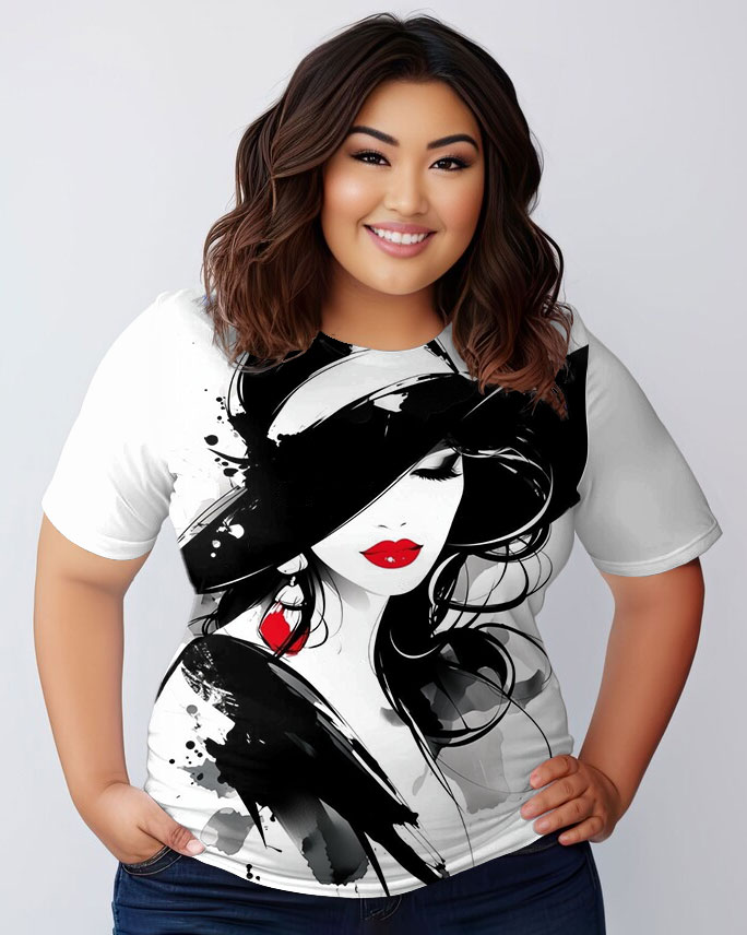 Women's Plus Size Ink Girl Illustration Round Neck Short Sleeve T-Shirt