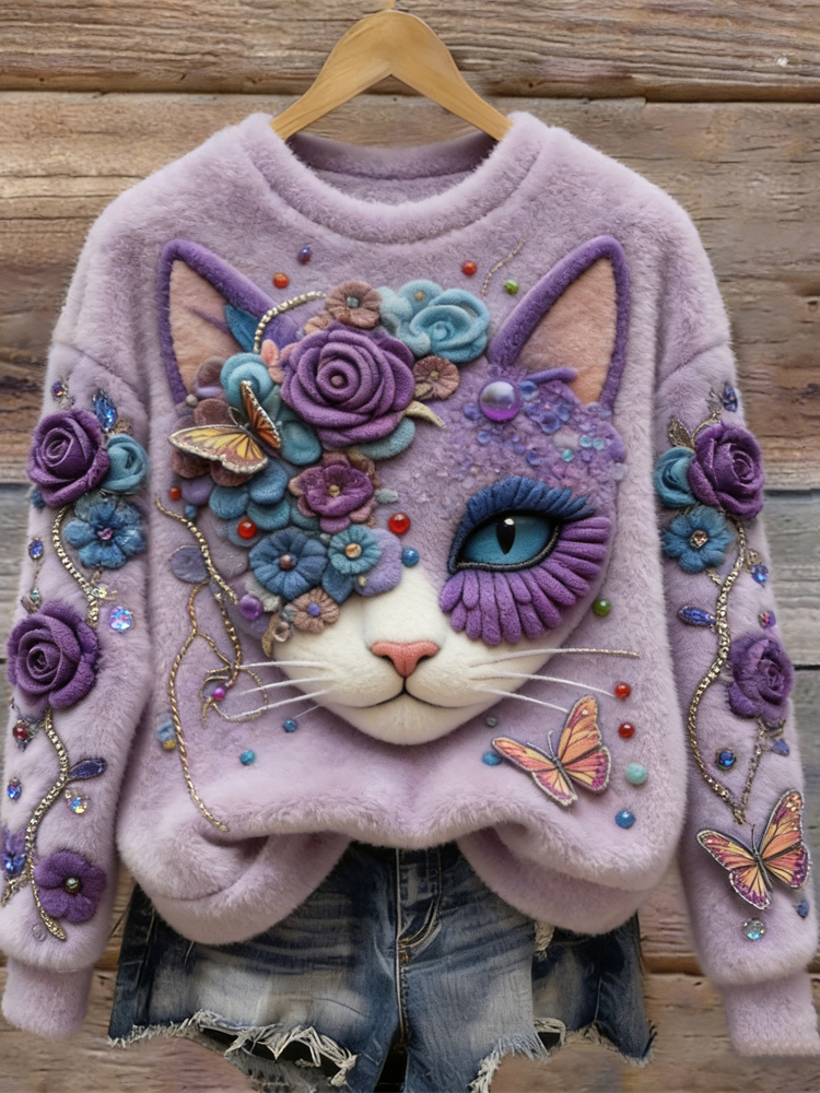 Cat Floral Art Design Women's Soft Flannel Sweater wearshes