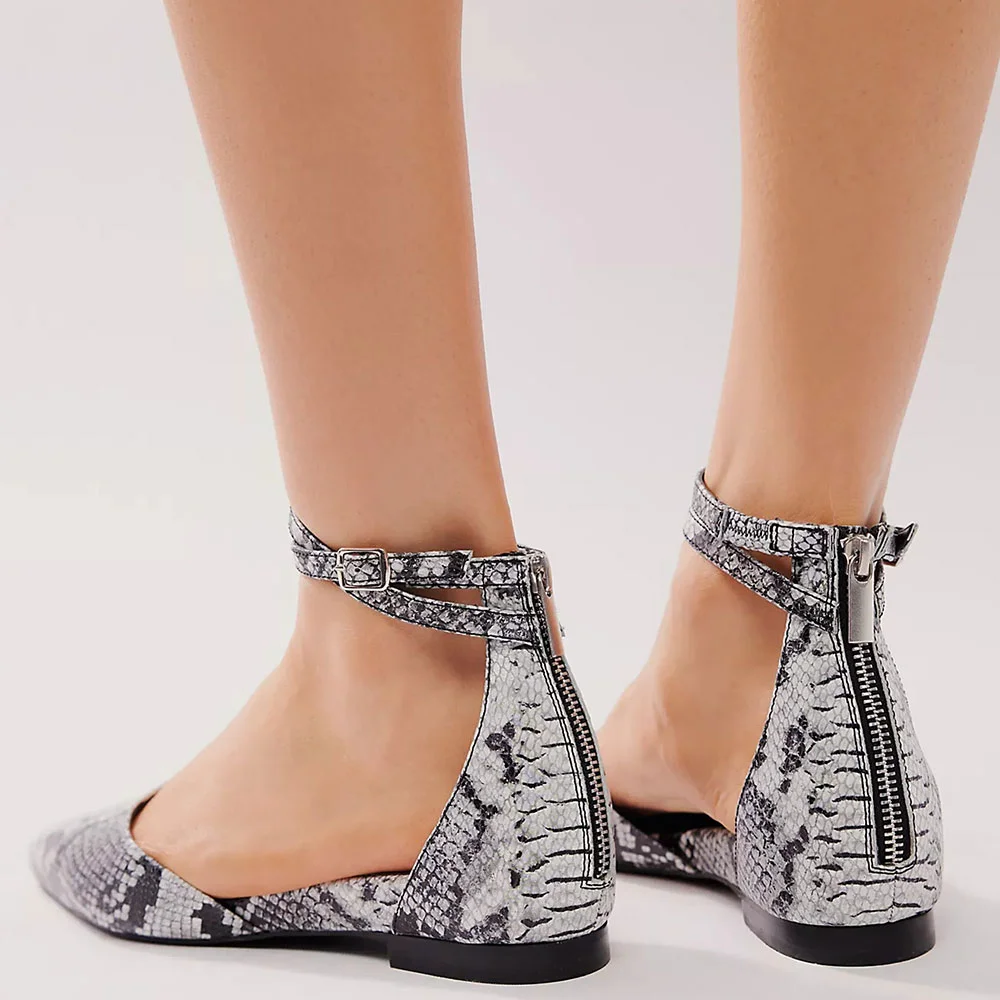 Black & White Pointed Toe Python Print Ankle Strap Flat Shoes Women