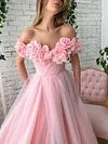 Pink Enchanting 3D Peony Ballgown Princess A Line Tulle Prom Dress Off The Shoulder High Leg Split Formal Evening Gown Special Event Party