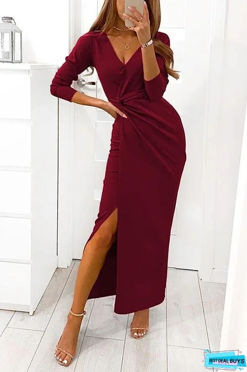 Meridress Wrapped V Neck Waisted Slit Maxi Party Dress